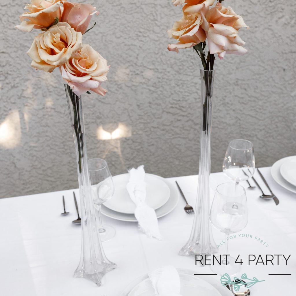 Slender, tall, clear compositional vases rental Sacramento CA | Rent4.Party