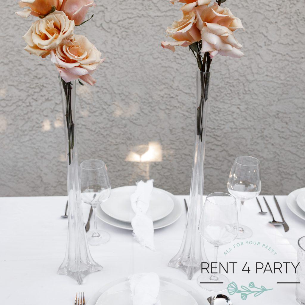 Slender, tall, clear compositional vases rental Sacramento CA | Rent4.Party
